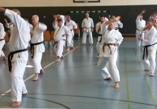 Die Karateka während des Prüfer-Lehrgangs im weißen Karate-Gi in Aktion