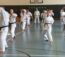 Die Karateka während des Prüfer-Lehrgangs im weißen Karate-Gi in Aktion