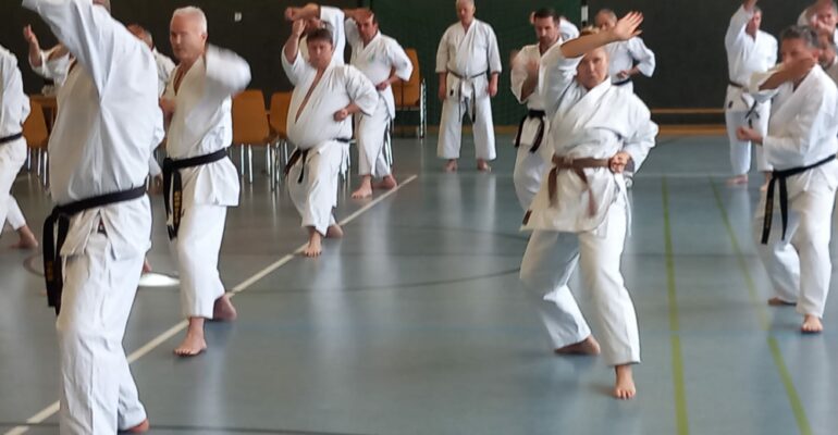 Die Karateka während des Prüfer-Lehrgangs im weißen Karate-Gi in Aktion