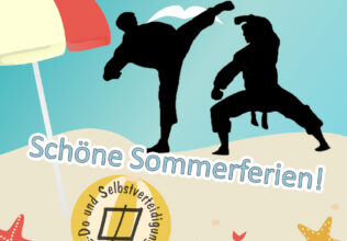 Kollage im Comic-Stil mit Strand, zwei schwarzen Karatefiguren und der Schrift: Schöne Sommerferien!