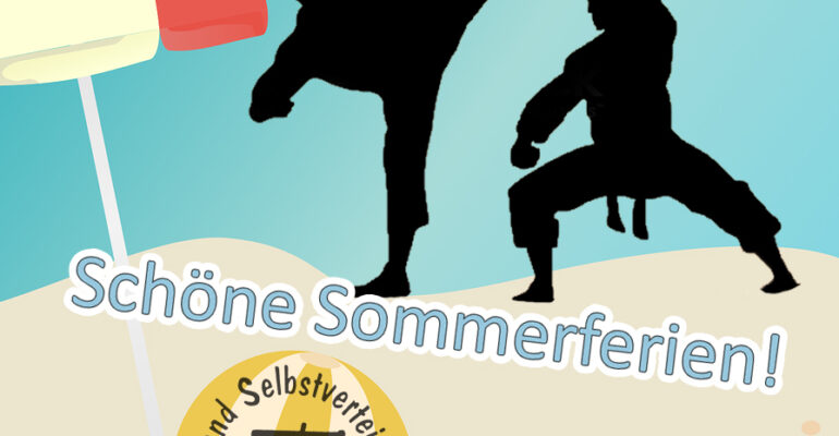 Kollage im Comic-Stil mit Strand, zwei schwarzen Karatefiguren und der Schrift: Schöne Sommerferien!