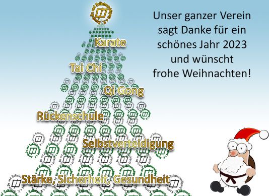 Weihnachtsbaum aus KDO-Logos, in goldener Schrift die Abteilungen des Vereins vermerkt, ein Weihnachtsmann im Karate-Gi daneben