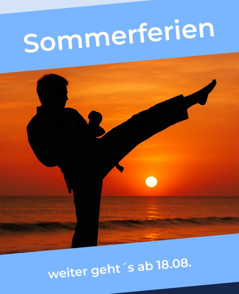 Bild von einem Karateka im Tritt vor Sonnenuntergang am Strand